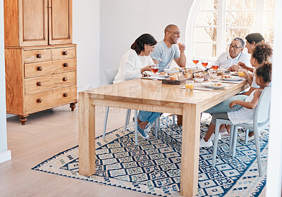 Buy stock photo Family, house and dining table for lunch discussion, social gathering and brunch sharing meal or grandparents. People, love and bonding or gourmet nutrition, home and together with healthy dish