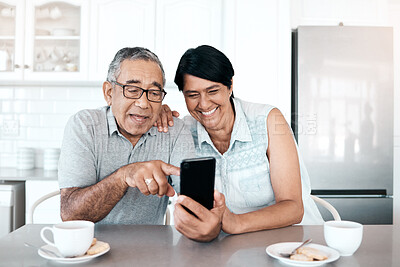 Buy stock photo Happy, home and senior couple with a smartphone, connection and network with social media, mobile app or communication. Spouse, mature man or elderly woman with a cellphone, happiness or website info