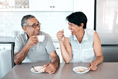 Buy stock photo Cookies, smile and senior couple drinking coffee in kitchen together for bonding at table. Morning, man and happy woman eating breakfast with funny conversation, story and laugh in retirement house