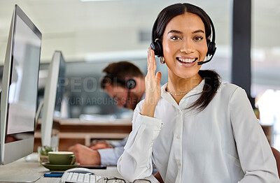 Buy stock photo Business woman, crm and happy portrait at a call center company with phone consultation and smile. Telemarketing,  consulting and customer service with contact us work of employee with internet help