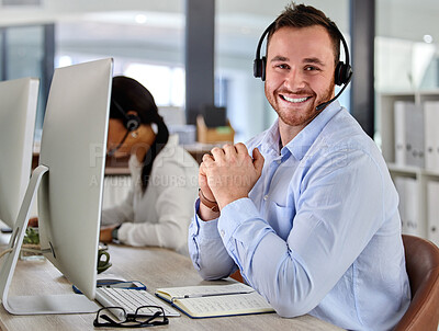 Buy stock photo Business man, crm and portrait at a call center company with phone consultation and smile. Telemarketing, web consulting and customer service with contact us work of male employee with internet help