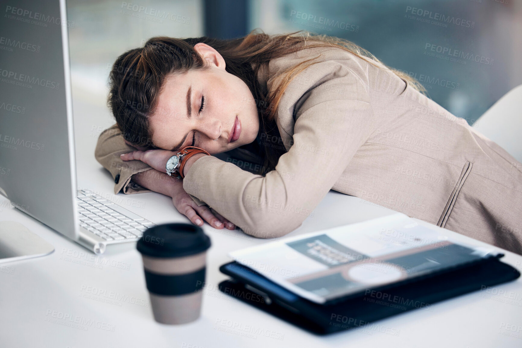 Buy stock photo Tired business woman, sleeping and burnout, stress or mental breakdown on office desk. Exhausted female person or employee resting head on table in depression, anxiety or overworked at the workplace