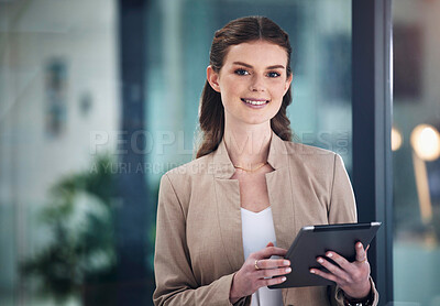 Buy stock photo Research, portrait or happy businesswoman with tablet to search content to post or networking in office. Digital agency, startup or social media manager typing online or planning schedule with smile