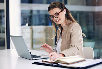 Buy stock photo Laptop, writing and business woman listening to music, planning and happy mental health in office. Project notes, notebook and professional person on computer, audio tech and podcast for career goals
