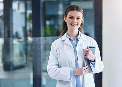 Buy stock photo Tablet, happy woman or portrait of doctor with confidence, technology or empowerment in hospital clinic. Face, confident or proud medical worker smiling with positive mindset or optimism in office