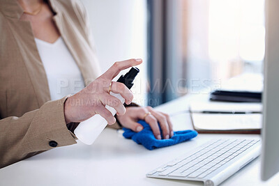 Buy stock photo Keyboard sanitize, woman hand and spray at a desk for bacteria safety in a office. Business person, company and computer cleaner with bottle for covid, virus and germ protection against infection 