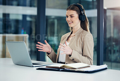 Buy stock photo Video call, laptop or happy businesswoman in online meeting or virtual conference for consulting in office. Headphones, explain or girl consultant in webinar communication, talking or conversation