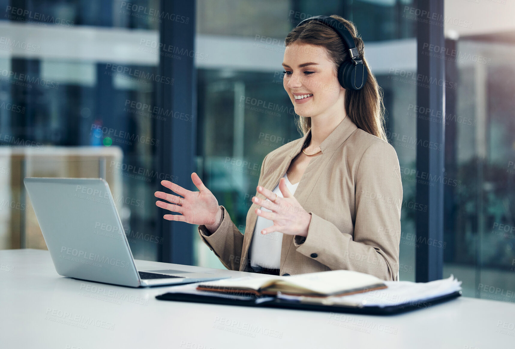 Buy stock photo Video call, laptop or happy businesswoman in online meeting or virtual conference for consulting in office. Headphones, explain or girl consultant in webinar communication, talking or conversation