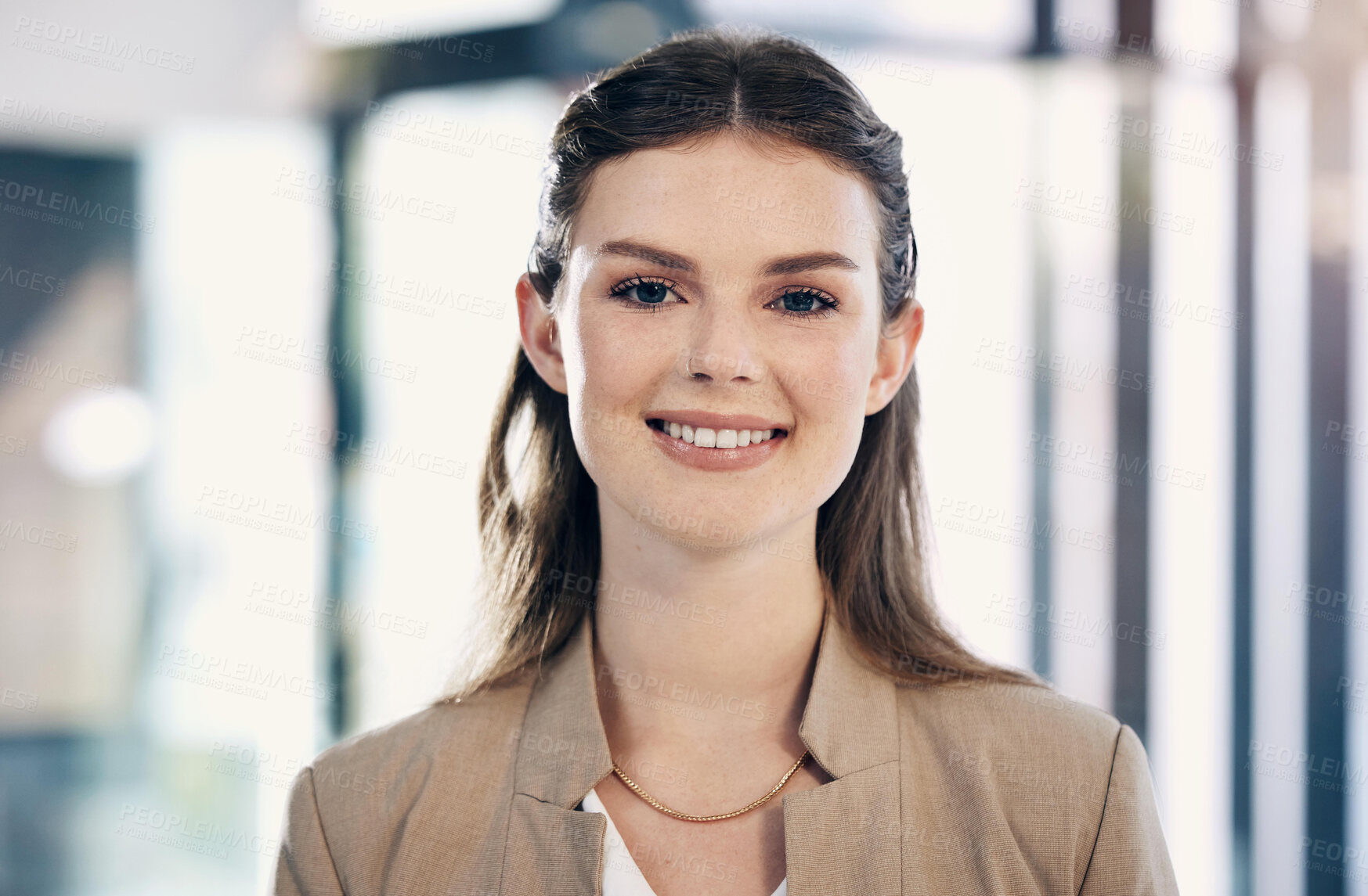 Buy stock photo Happy, smile and portrait of businesswoman in the office for legal career with a positive mindset. Happiness, confidence and professional female corporate lawyer from Australia standing in workplace.