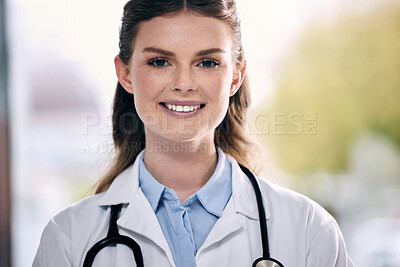 Buy stock photo Portrait, happy woman or confident doctor in hospital to help with trust, smile or positive mindset. Face, wellness or friendly medical healthcare professional smiling with nursing success in clinic