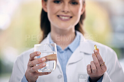 Buy stock photo Portrait, water glass or doctor in hospital with pills or supplements for healthcare vitamins or medicine. Smile, medication tablets or hands of happy medical worker giving cure for allergy or pain