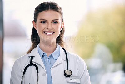 Buy stock photo Portrait, happy woman or proud doctor in hospital to help with confidence, smile or positive mindset. Face, mockup or friendly medical healthcare professional smiling with nursing success in clinic