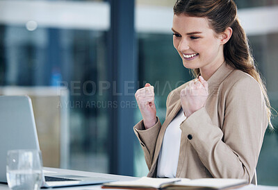 Buy stock photo Winner, laptop and business woman success, yes and celebration for online news, email and job opportunity. Bonus, sale and excited professional person celebrate goals or target on computer in office