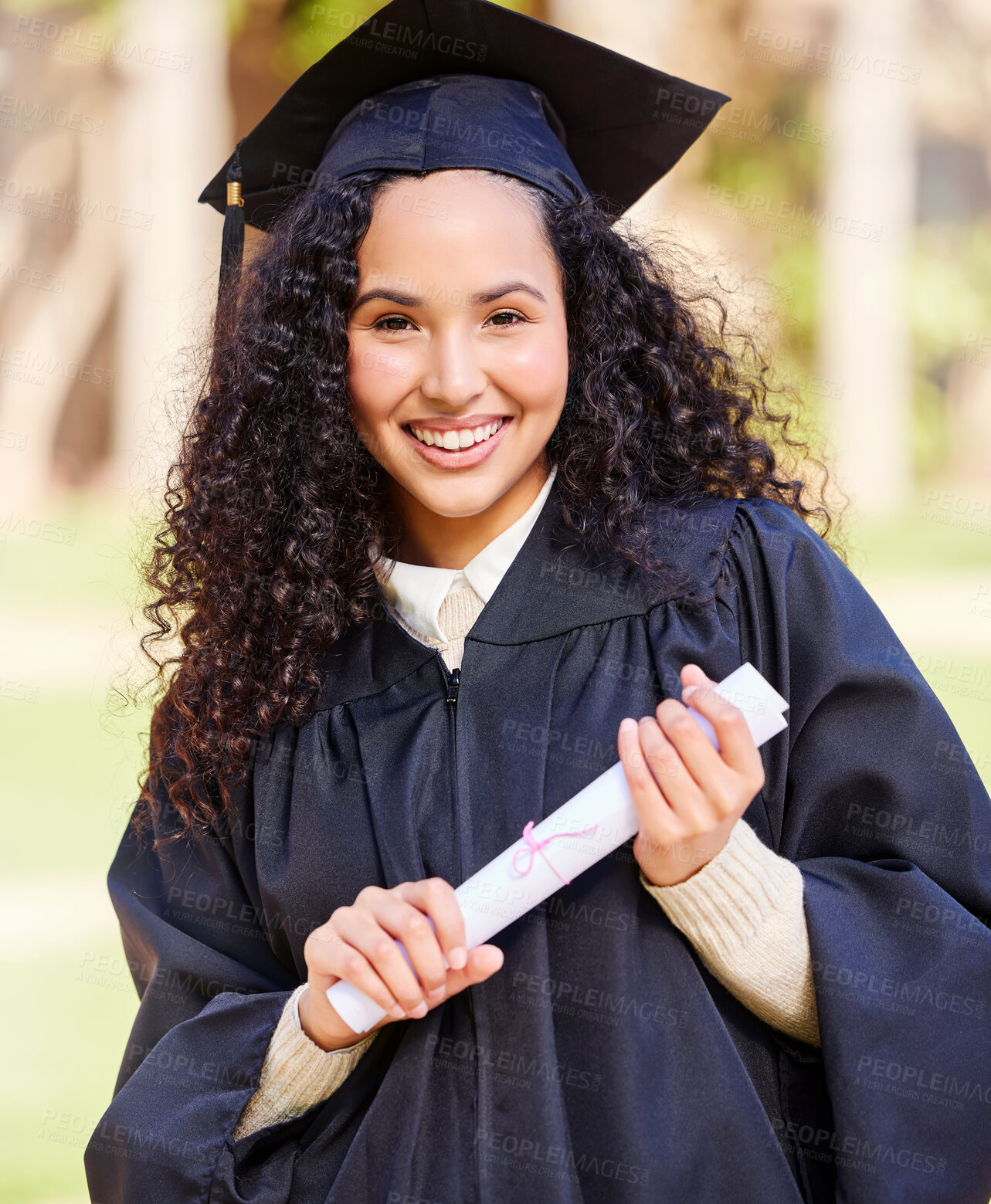 Buy stock photo Smile, woman and portrait for success of graduation achievement, celebration and diploma award for studying education. Happy, student and university event for academic scroll for future career