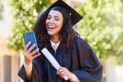 Buy stock photo Selfie, woman and student with smartphone, graduation and happiness with social media, achievement and goals. Person, outdoor and girl in robe, cellphone and picture for post, internet and university