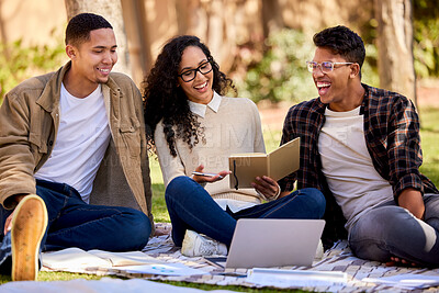Buy stock photo Shot of a group of students studying together while sitting on the grass outside