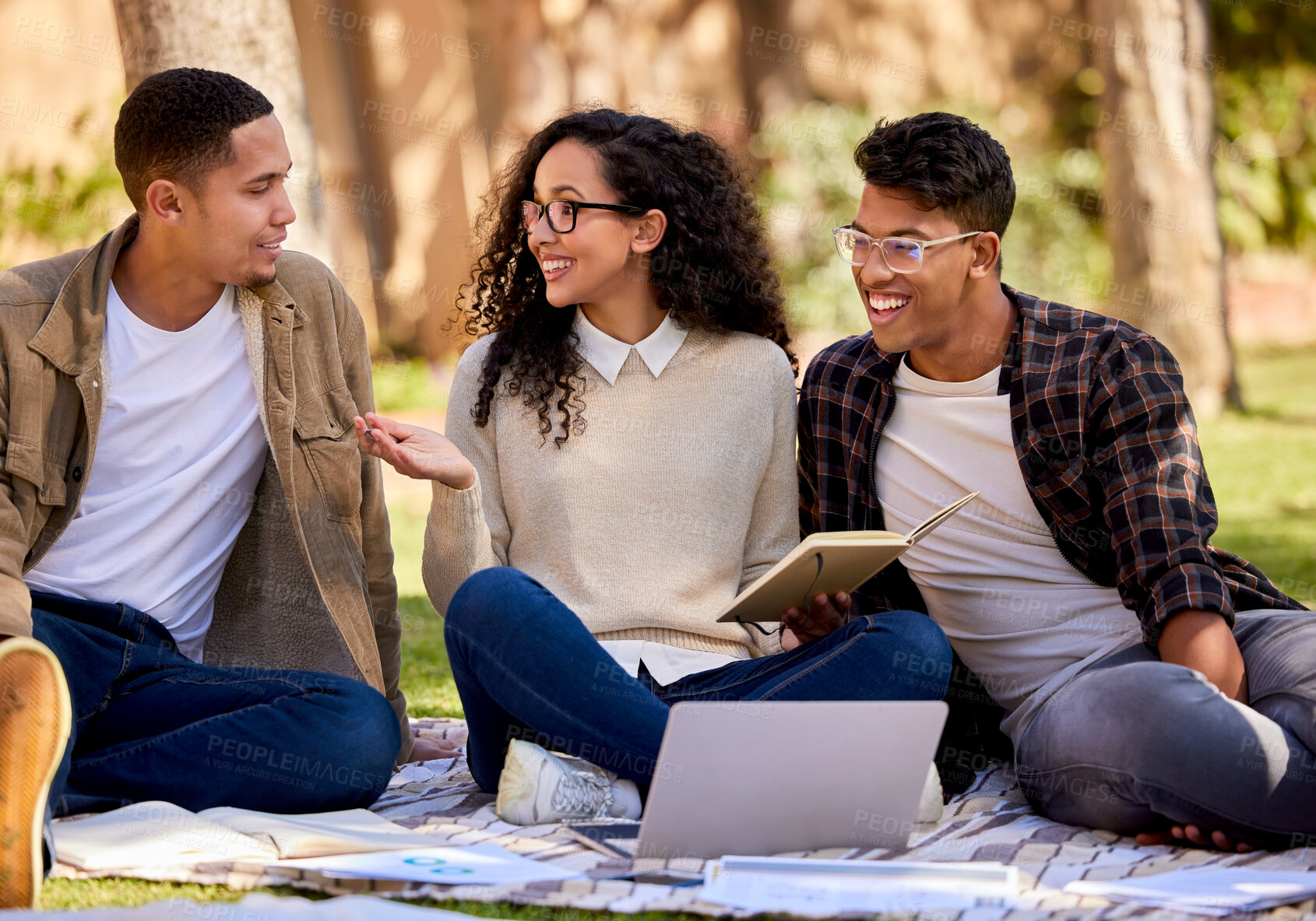 Buy stock photo Students, friends and outside with laptop together on grass, online notes and exam study for education. University, people and learning for scholarship, discussion and research for group assignment