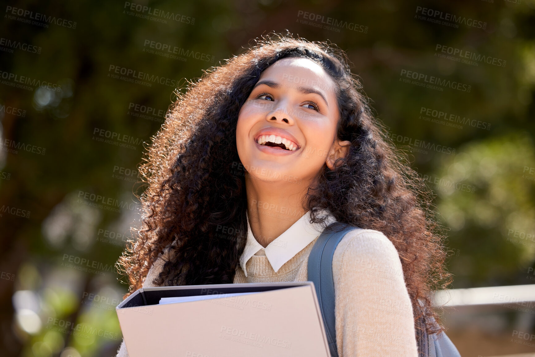 Buy stock photo Woman, student and happy outside with folder on campus, university and happy female person for education. Knowledge, smile and academic learner in college for scholarship, study and portfolio