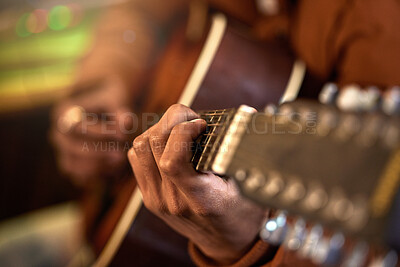Buy stock photo Studio, musician and guitar in a closeup with hands for performance with talent for production. Acoustic, instrument and male artist with learning, skills with creativity for track with sound.
