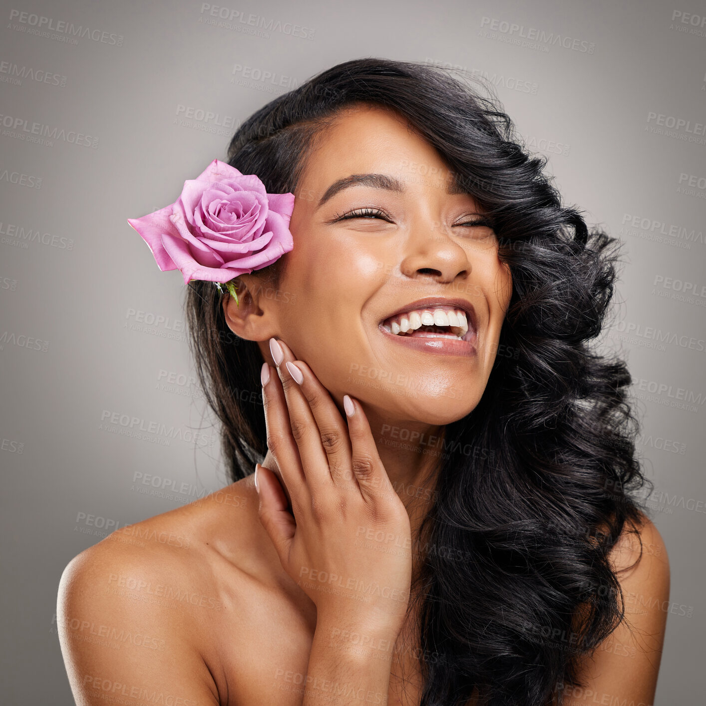 Buy stock photo Hair care, smile and woman with rose in studio with beauty, health and salon treatment for confidence. Happy, wellness and person from Mexico with curls hairstyle and purple flower by gray background