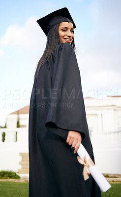 Buy stock photo Portrait, education and back with a woman graduate on university campus for a celebration event outdoor. Graduation, certificate and future with a happy young female student alone outside at college