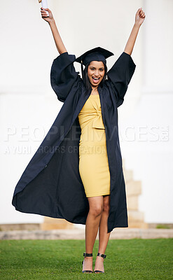 Buy stock photo Celebrate, university and portrait of woman for graduation, ceremony and achievement. College, academy and happy student with degree, success and certificate for education, learning and studying