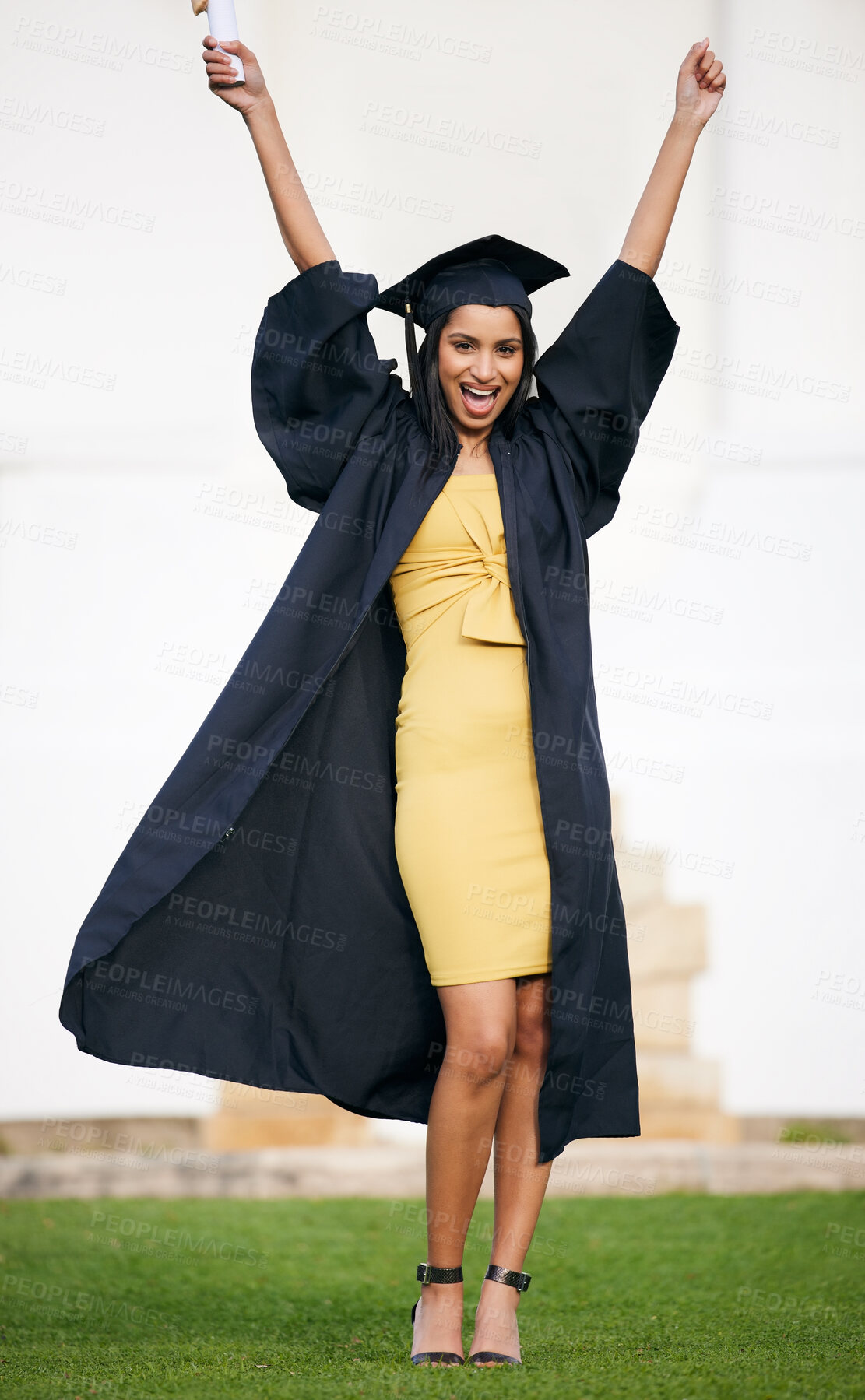 Buy stock photo Celebrate, university and portrait of woman for graduation, ceremony and achievement. College, academy and happy student with degree, success and certificate for education, learning and studying