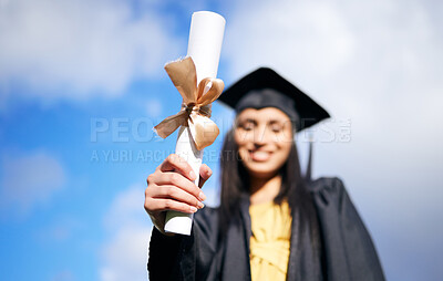 Buy stock photo Student, university and woman with degree for graduation, celebration and achievement ceremony. College, academy and happy person outdoors with certificate for education, learning or studying success