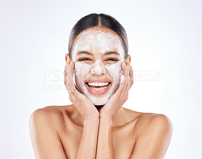 Buy stock photo Skincare, woman and face mask in studio with portrait for cosmetics, treatment or dermatology on white background. Spa, wellness and happy model for satisfaction, clear skin or grooming on mockup