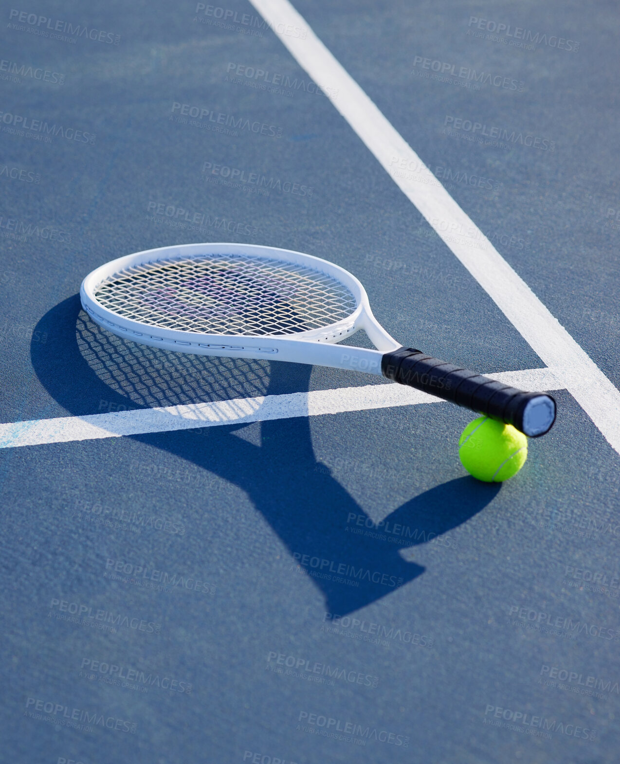 Buy stock photo Tennis, ball and racket on court for outdoor sports with cardio, tournament or training. Equipment, bat and space on ground for competition, fitness and balance with practice, exercise and game