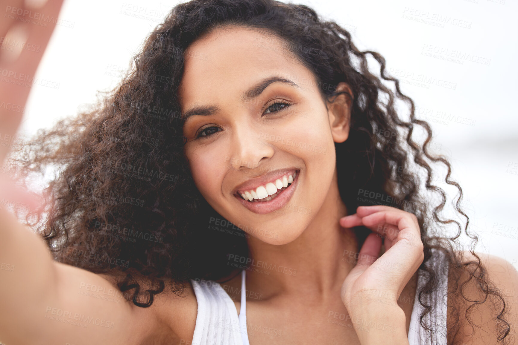 Buy stock photo Selfie, smile and travel with woman on beach for holiday or vacation as island or paradise tourist. Nature, summer and profile picture with happy person on tropical coast to relax by ocean or sea