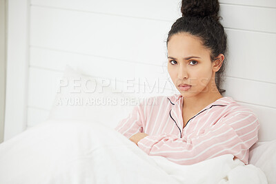 Buy stock photo Angry, insomnia and portrait in bed and woman waking up with arms crossed in the morning, sleeping in bedroom or at home. Mental health, depression and fatigue for person, stressed and frustration