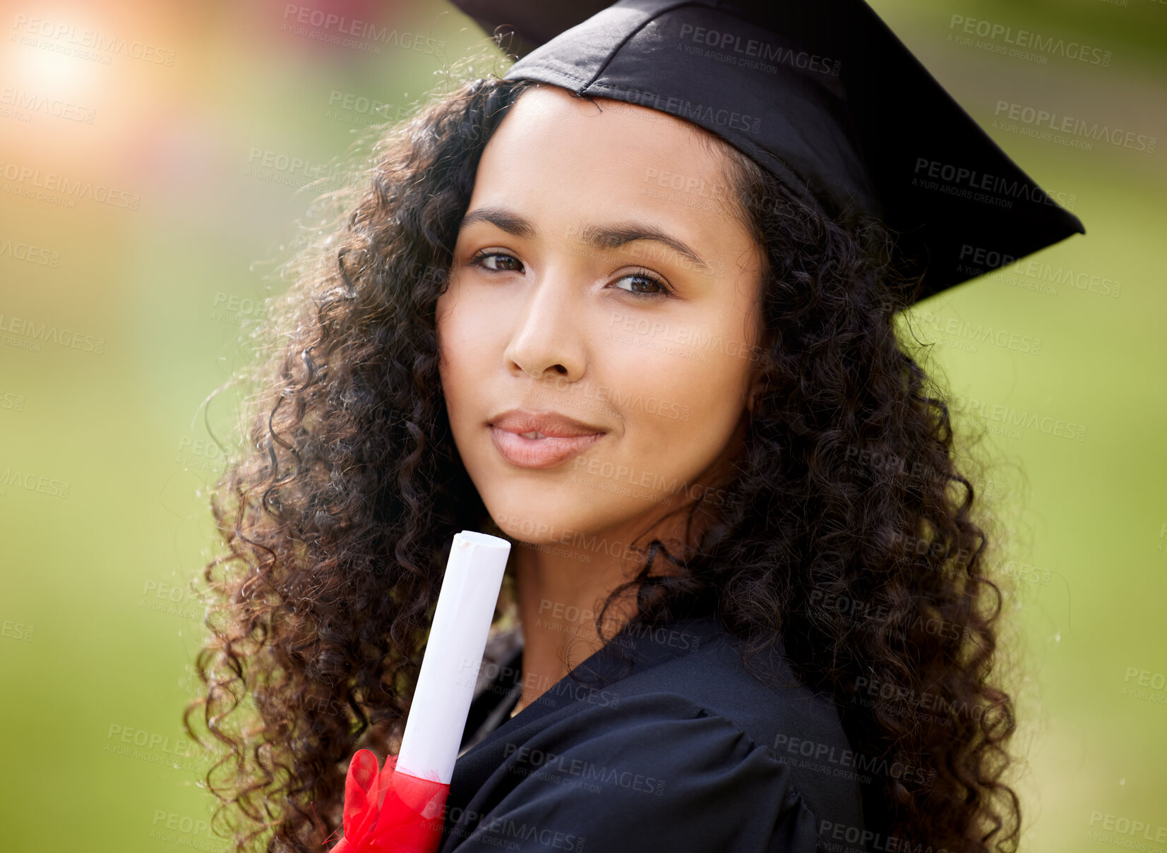 Buy stock photo Woman, graduation and celebrate and portrait, diploma and happy student for university. Prize, scholar and robe with mortar for degree, achievement and education for female person with certificate