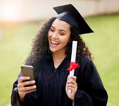 Buy stock photo Woman, graduation and celebrate with trophy and cellphone, diploma and happy student for university. Video call, scholar and online with degree, achievement and excited female person with certificate