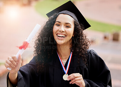 Buy stock photo University winner, woman portrait and graduate degree with school achievement outdoor with medal. Female person, education certificate and campus with college and happiness from study success