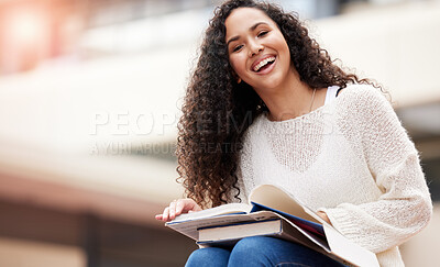 Buy stock photo Reading, university and portrait of woman with book on campus for learning, knowledge and studying. Education, college and happy female student laugh with textbook for information, research or lesson