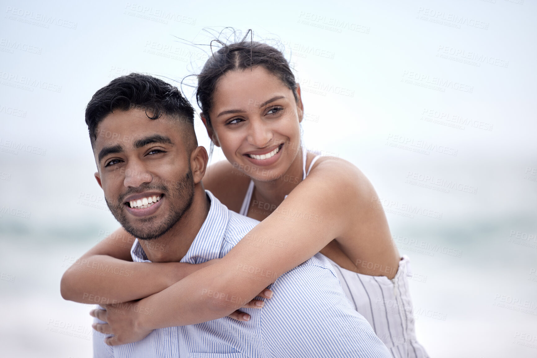 Buy stock photo Beach, piggyback and couple with love for travel, summer vacation or adventure. Smile, ocean and happy woman hugging man on afternoon date for honeymoon, anniversary or weekend trip in Maldives