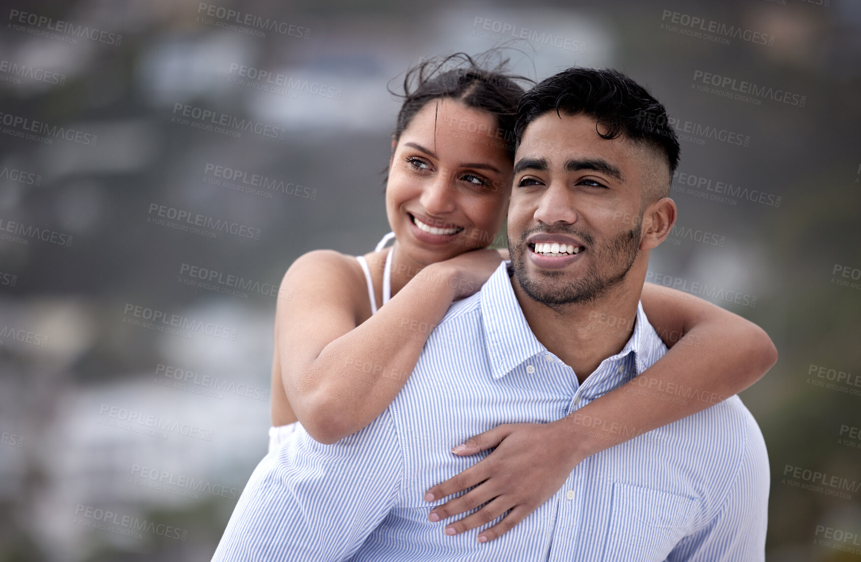 Buy stock photo Smile, piggyback and couple with love for travel, summer vacation or adventure. Face, outdoor and happy woman hugging man on afternoon date for honeymoon, anniversary or weekend trip in Mauritius