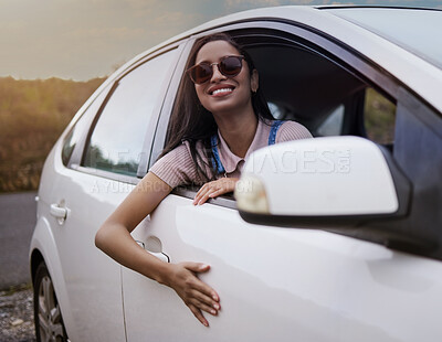 Buy stock photo Woman, adventure and happy in car window with smile for travel or road trip with relaxing journey in summer. Weekend, holiday and stress relief with vacation or ride in countryside for view with calm