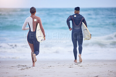 Buy stock photo Run, surfboard and couple on beach with waves for watersports, tropical holiday or travel adventure together. Nature, man and woman at ocean for surfing, Hawaii island vacation and bonding from back