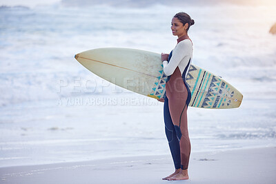 Buy stock photo Girl, surfer and board on beach for cardio, workout and training for water sports competition. Female person, health and travel to ocean or sea for wave, fitness and athlete for exercise in nature