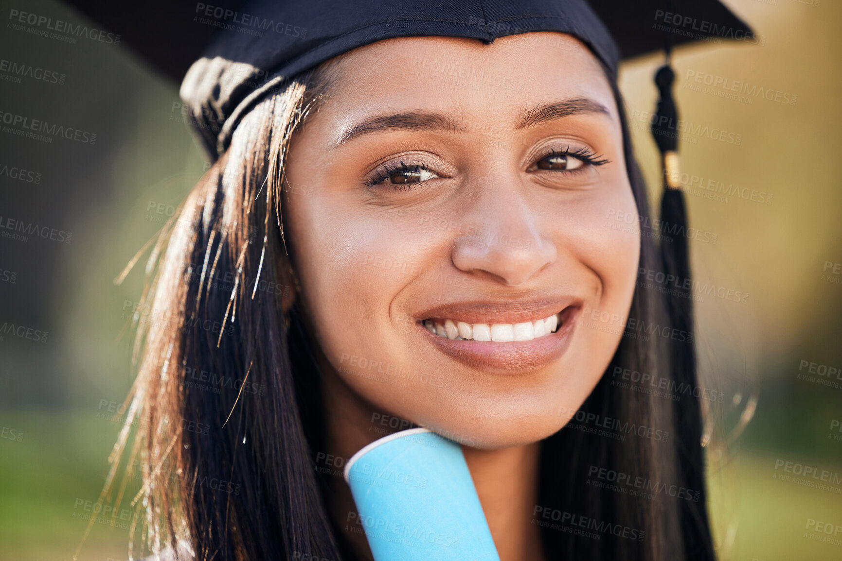 Buy stock photo Graduation, smile and portrait of woman with diploma on university campus for education achievement. Happy, future and female student graduate with college scroll, degree or certificate to celebrate.