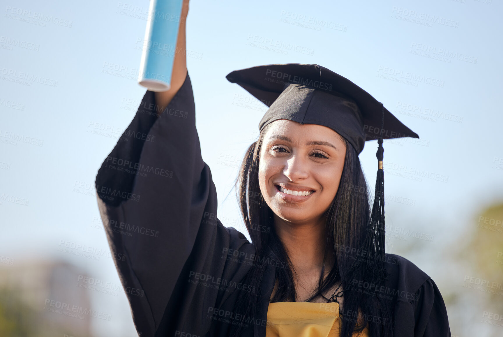 Buy stock photo Graduation, smile and portrait of woman with degree on university campus for education achievement. Happy, future and female student graduate with college diploma, scroll or certificate to celebrate.