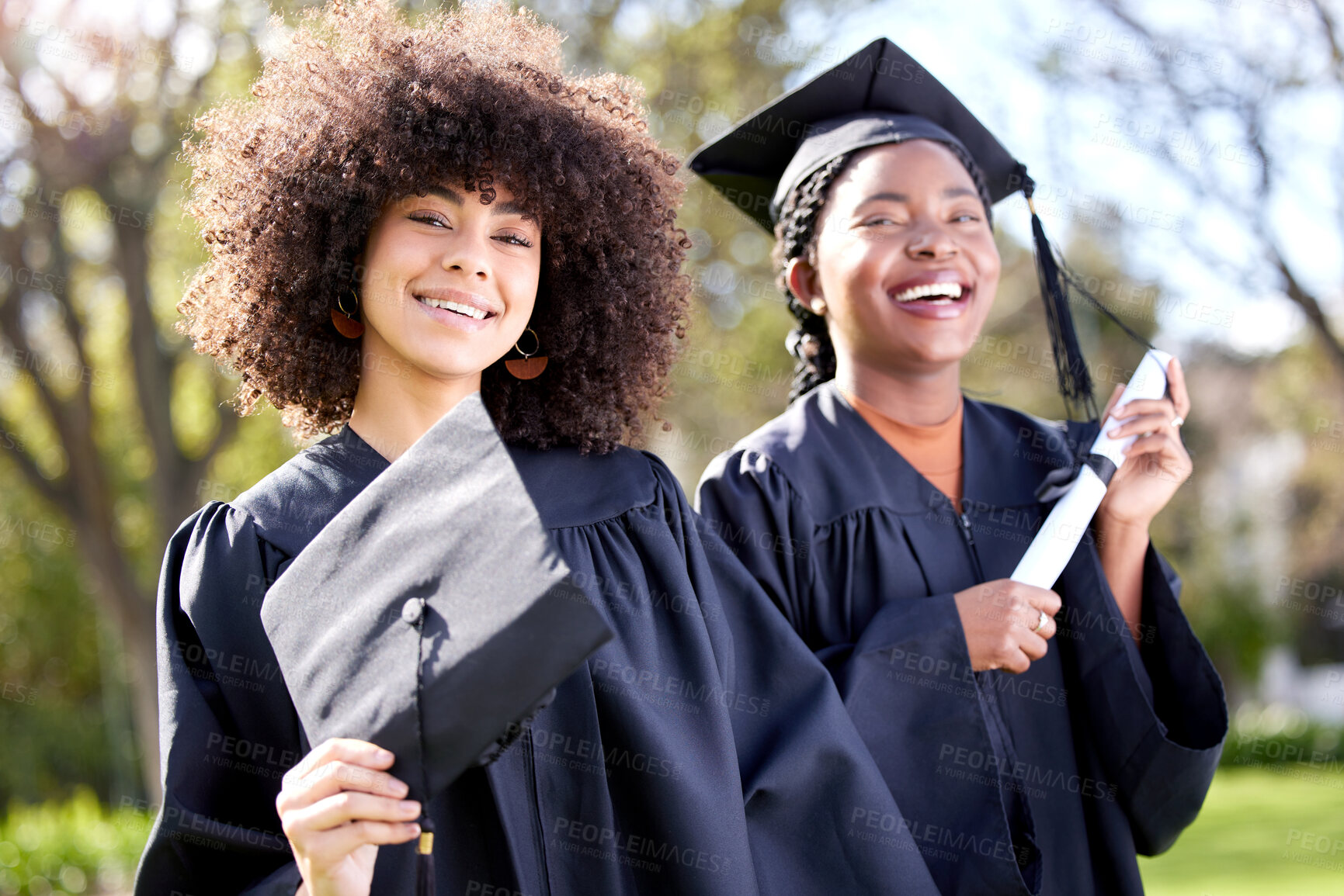 Buy stock photo Portrait, students and women celebrate graduation or laugh at university campus park together. Friends, face and happy girls graduate at college for education achievement with certificate for success