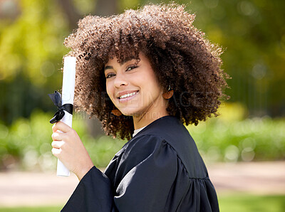 Buy stock photo Graduate, portrait and happy woman with diploma outdoor for achievement, success or celebrate at college campus. Face, graduation and student with certificate scroll at park for education in Brazil