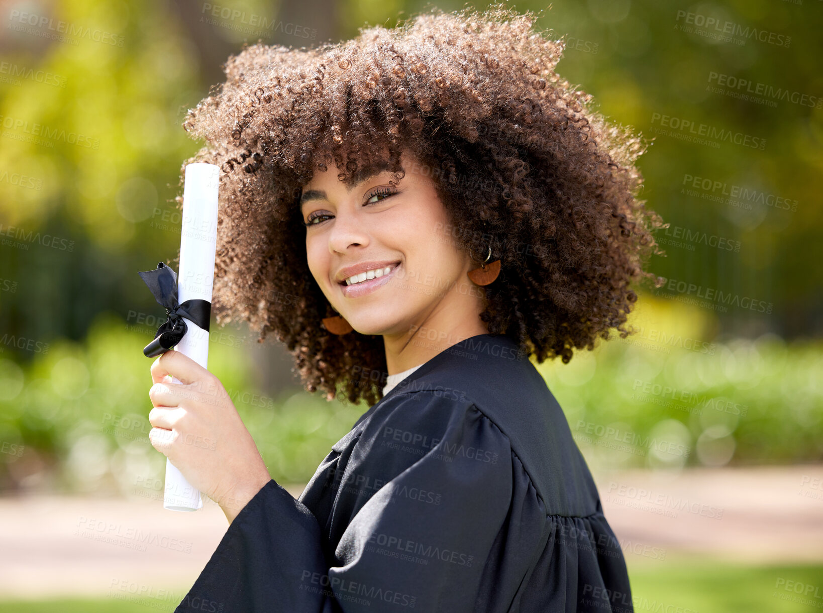 Buy stock photo Graduate, portrait and happy woman with diploma outdoor for achievement, success or celebrate at college campus. Face, graduation and student with certificate scroll at park for education in Brazil