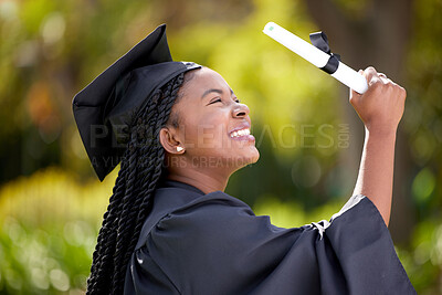 Buy stock photo Young, black woman and graduation or celebrate outdoor for education, success for future with knowledge. Female student, university and goals with certificate, excited for diploma with scholarship