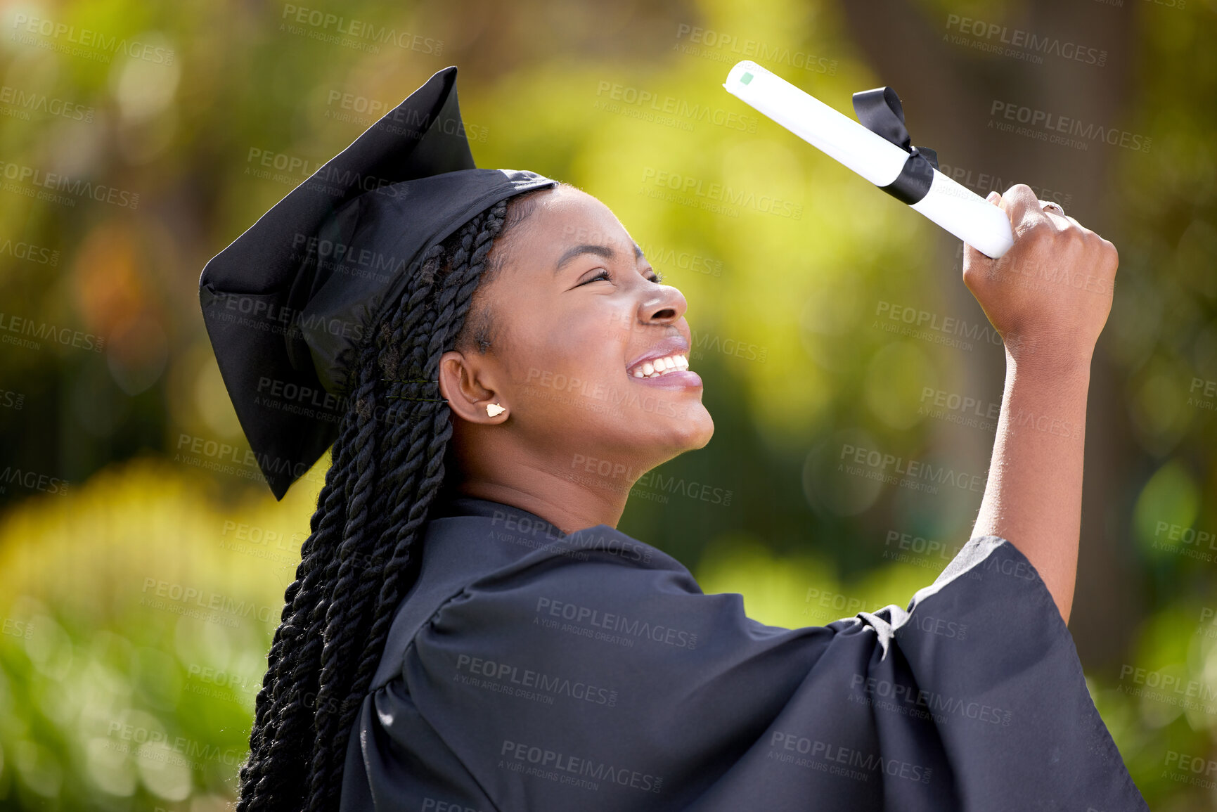 Buy stock photo Young, black woman and graduation or celebrate outdoor for education, success for future with knowledge. Female student, university and goals with certificate, excited for diploma with scholarship