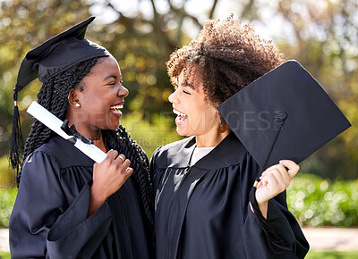 Buy stock photo Friends laugh together, graduation and women with success in education, happy with university achievement. Certificate, diploma and qualification, female people graduate college with happiness