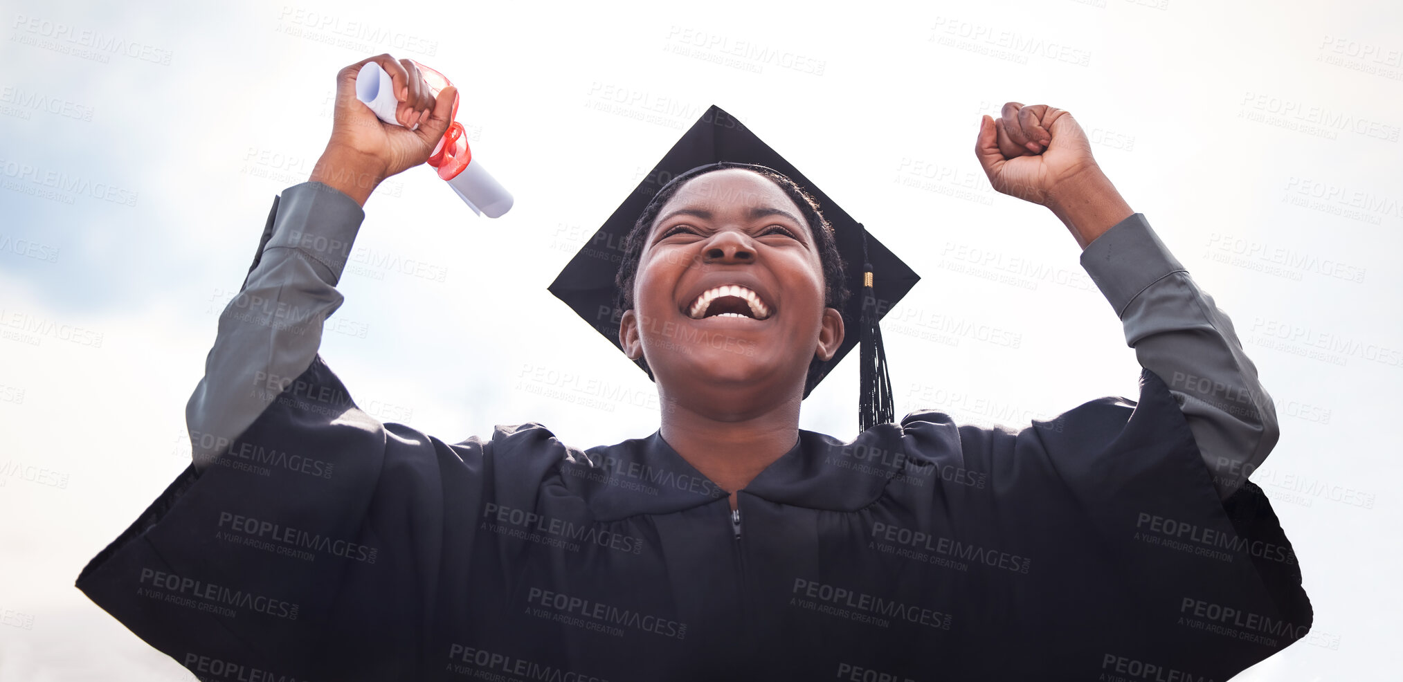 Buy stock photo Student, sky background and excited for graduation success, university goals and education or achievement. Certificate, happy and college woman or future hope with award, academic degree and diploma